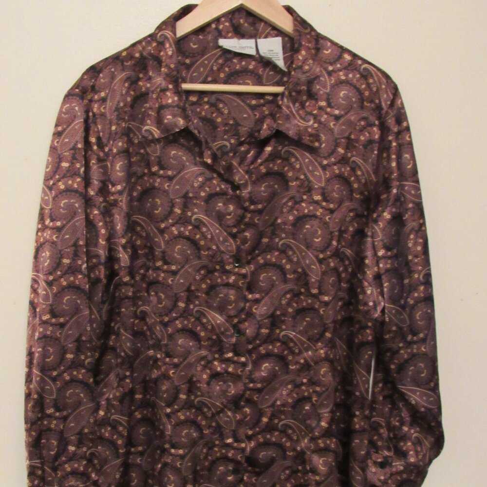 Womens Paisley Blouse Button Up 20W Red Bronze Long Sleeve Jaclyn Smith Classic